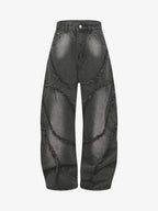 Washed Distressed Raw Edge Barrel Jeans - 2402