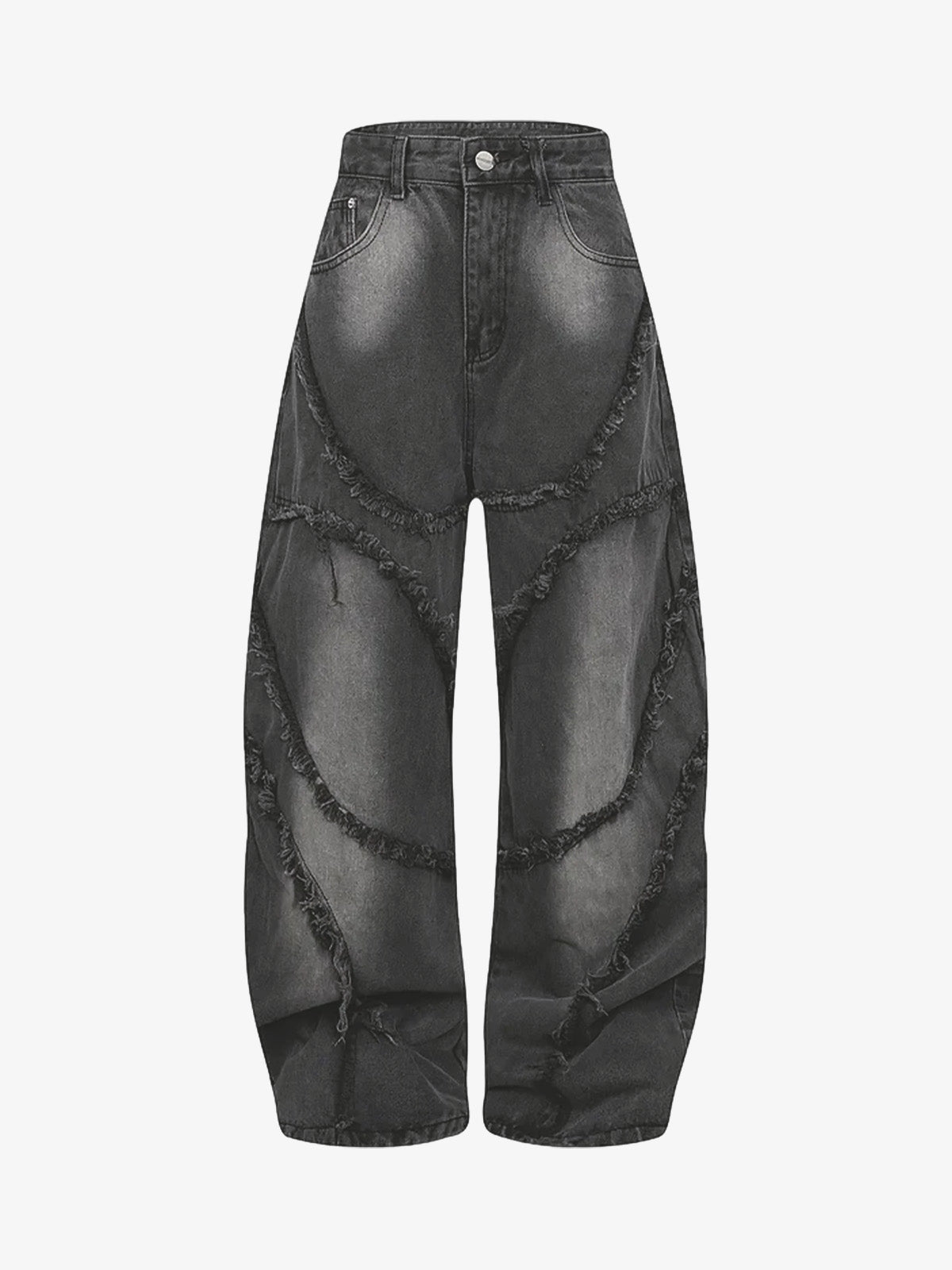 Washed Distressed Raw Edge Barrel Jeans - 2402
