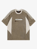 Suede Contrast Color Spliced Letter Embroidery Oversize T-shirt - 2462