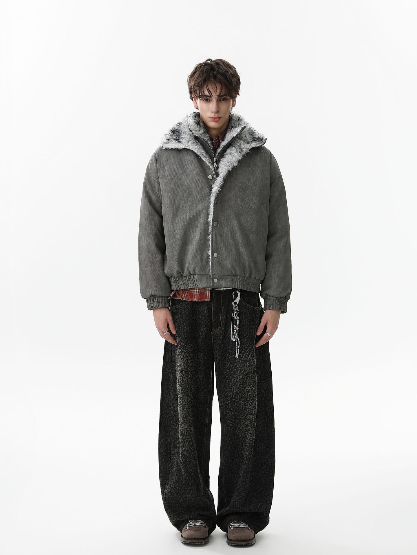 Vintage Dual-layer Collar Fleece-lined Zipper Jacket