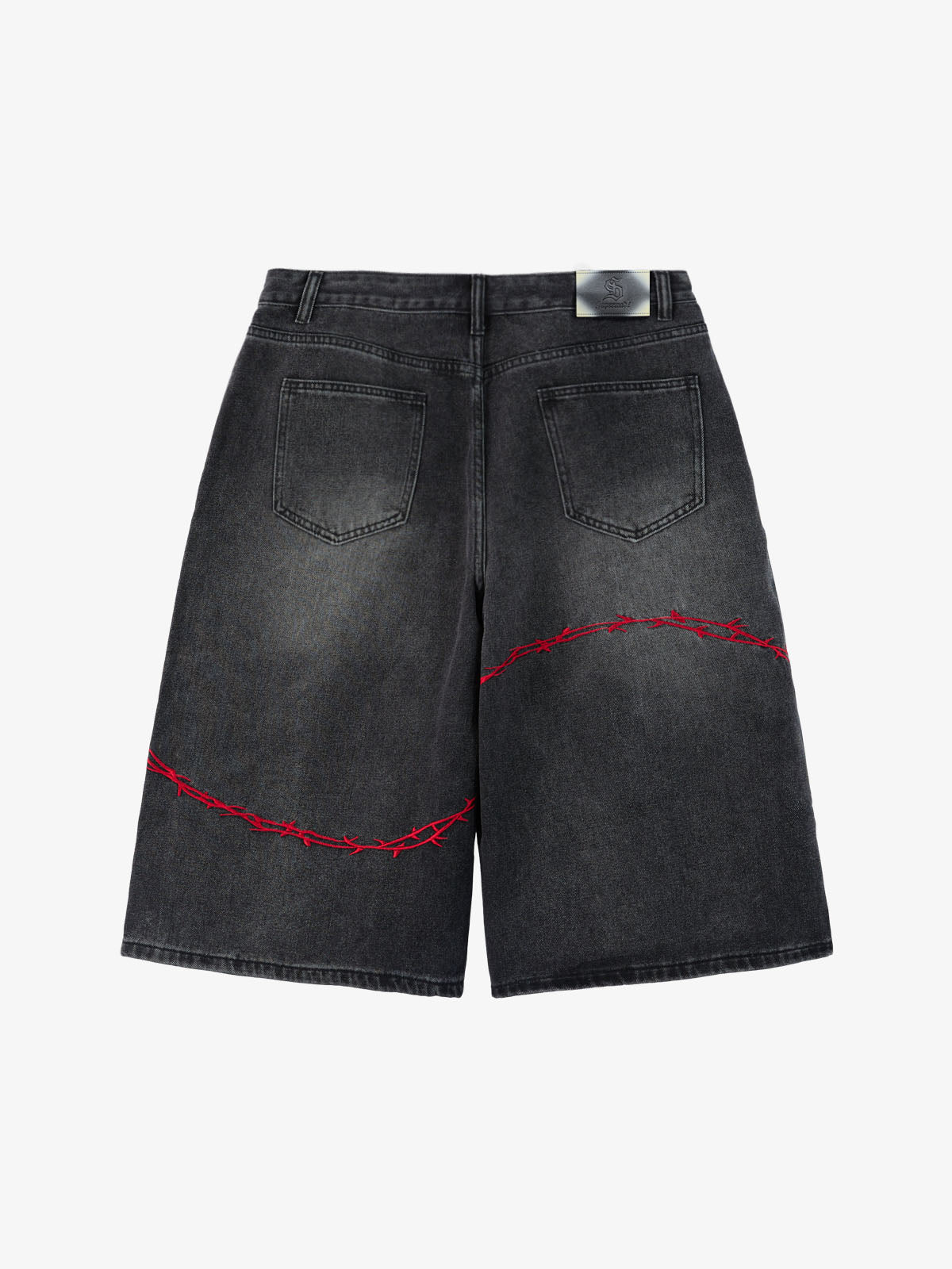 Vintage Barbed Wire Embroidery Distressed Washed Denim Jorts