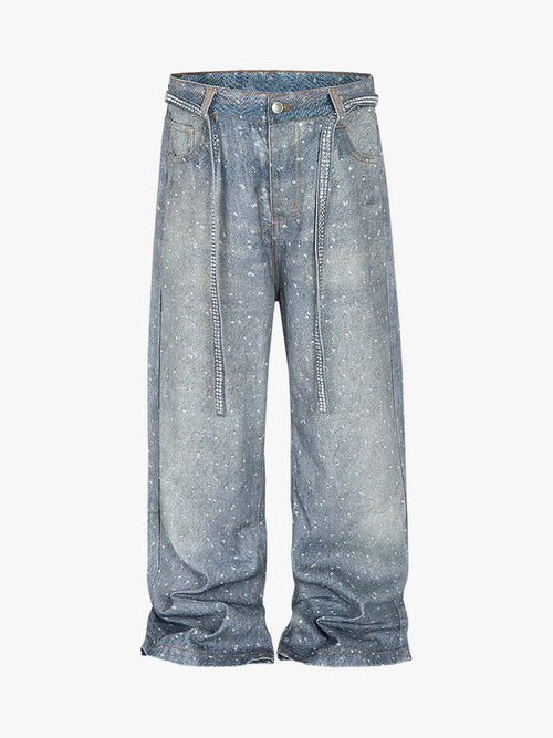 Denim Distressed Belt Diamond Decorated Jeans