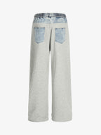 Vintage Wash Denim Waistband Patchwork Sweatpants