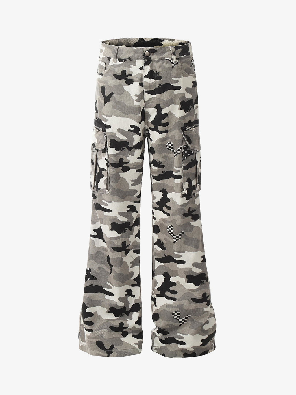 Checkerboard Patches Camo Cargo Flared Pants