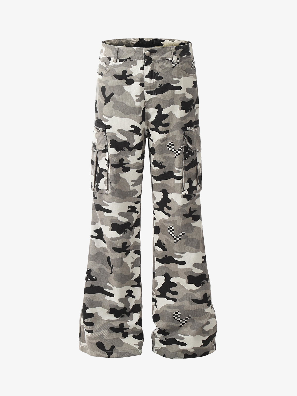 Checkerboard Patches Camo Cargo Flared Pants