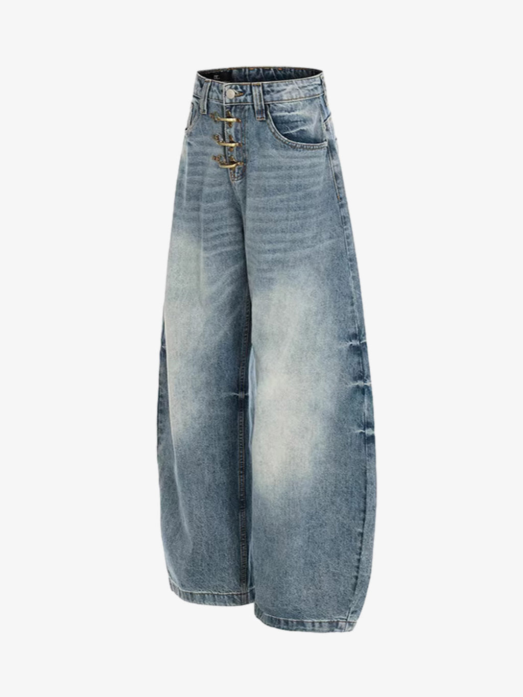 Washed Metal Hook Front Design Barrel Jeans