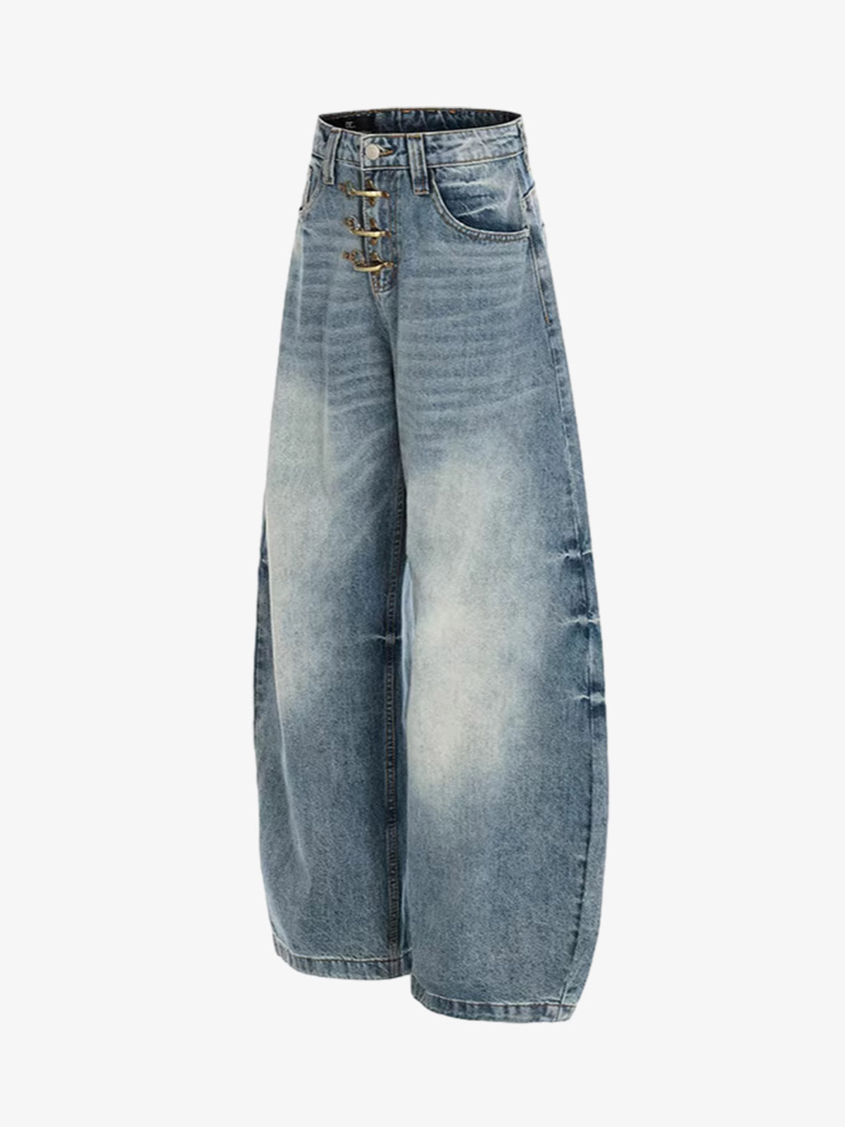 Washed Metal Hook Front Design Barrel Jeans