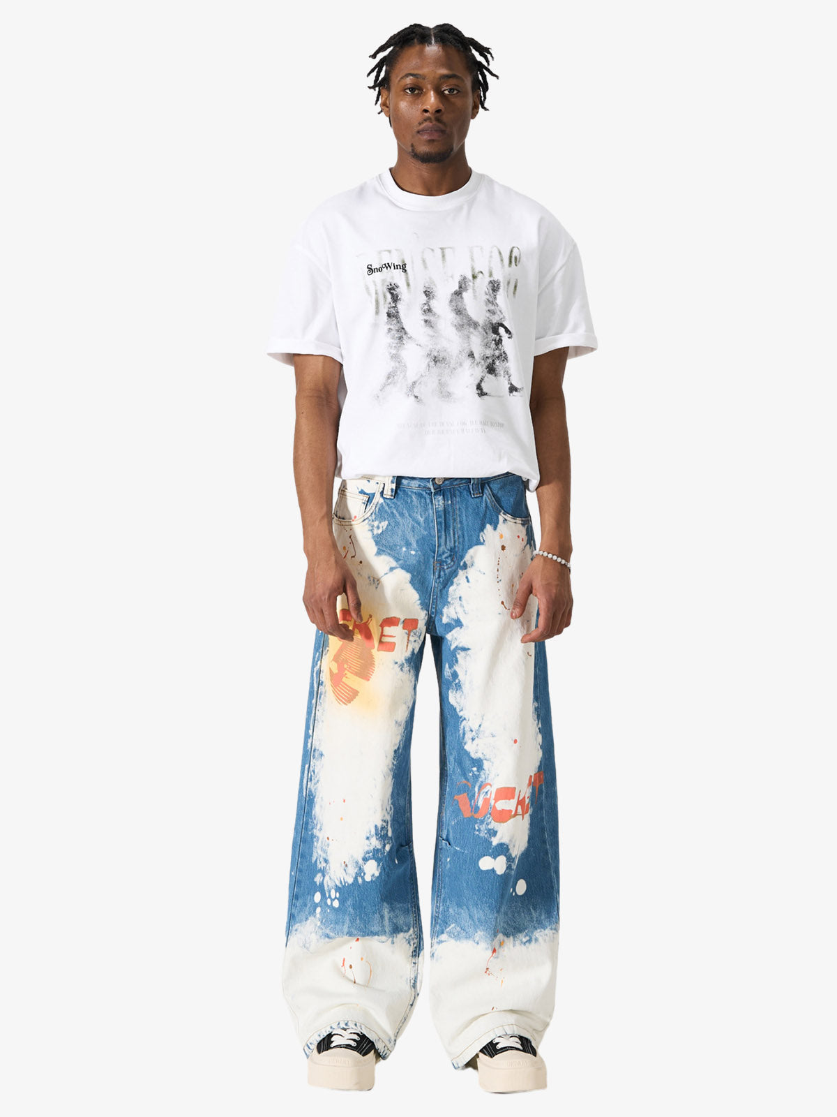 Bleached Paint Splatter Graphic Jeans