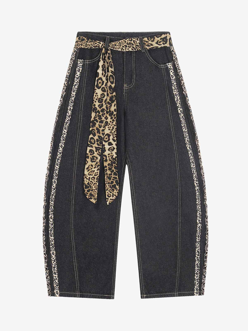 Leopard Side Panel Tie Belt Denim Barrel Jeans