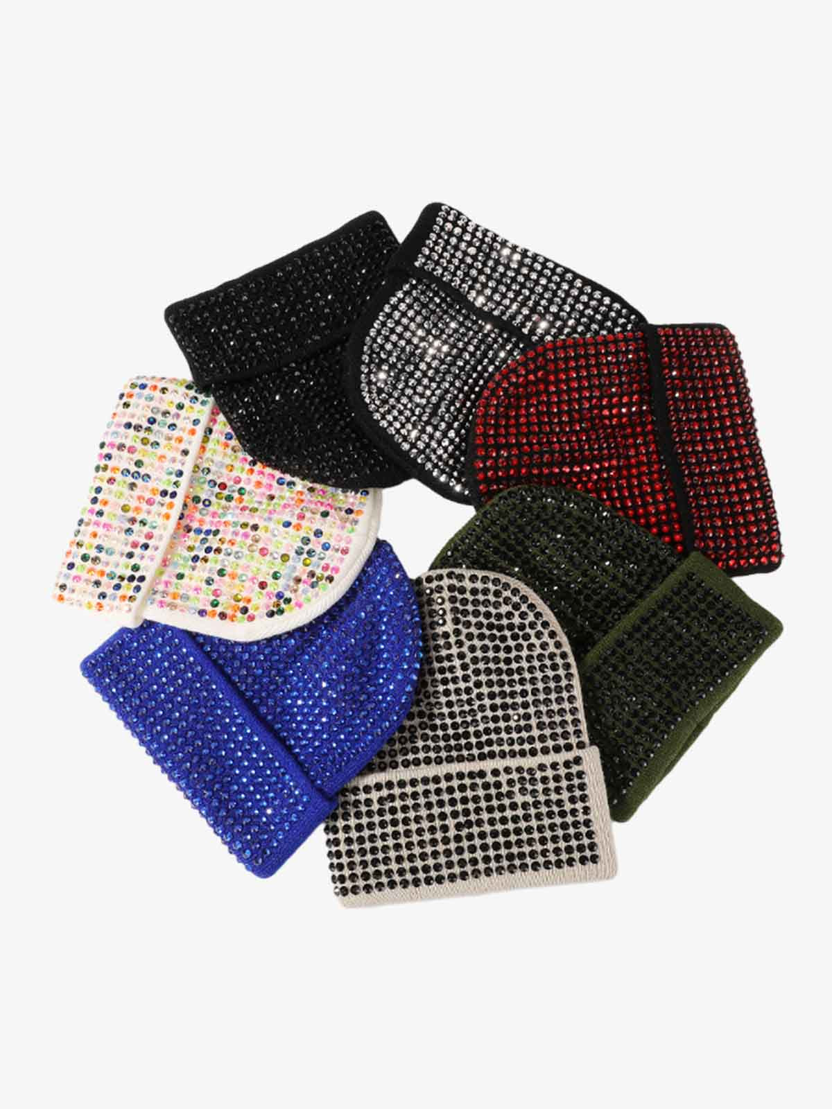Rhinestone Embellished Ribbed Knit Beanie Hat