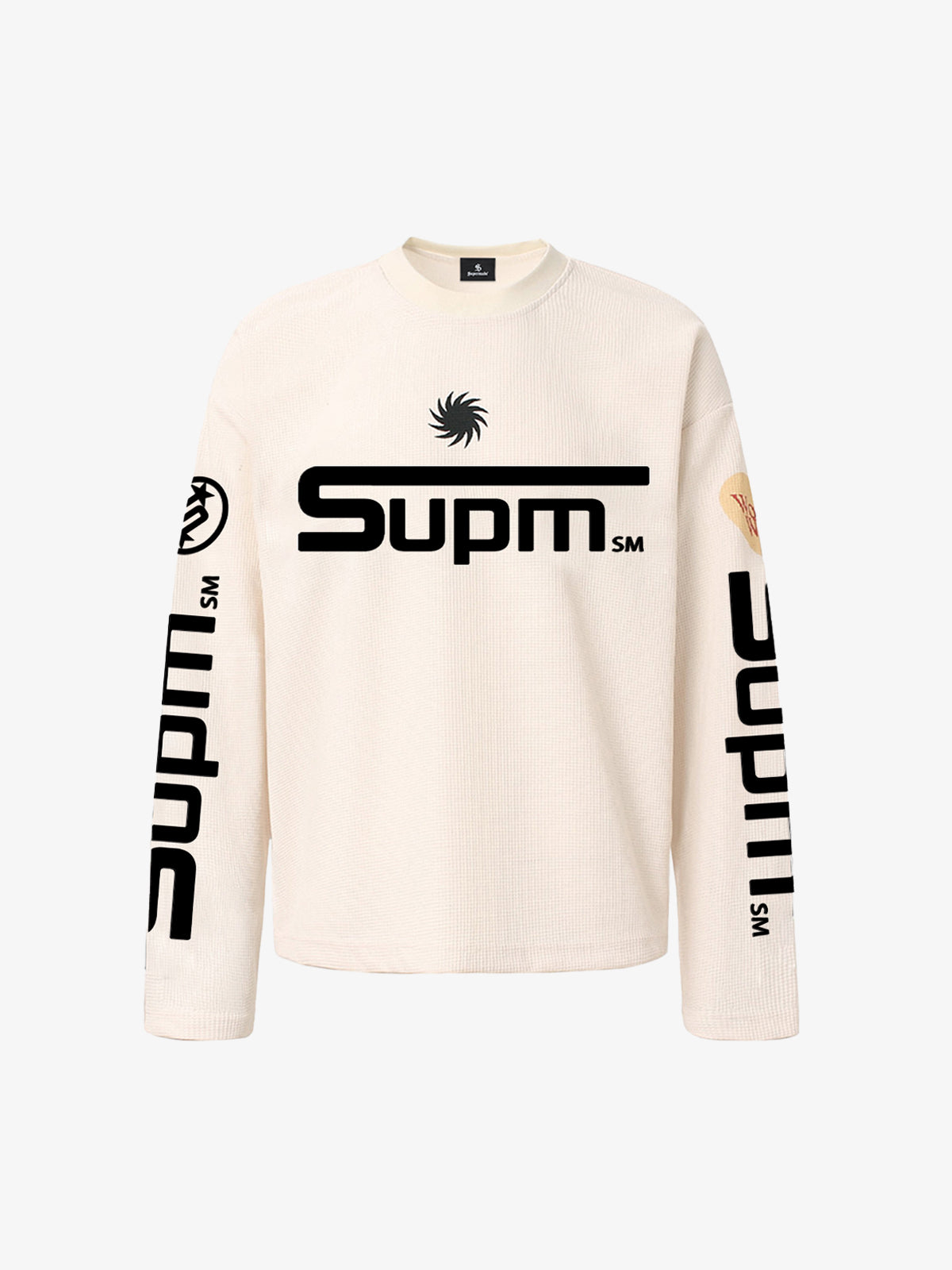 Textured Waffle SUPM Letter Graphic Long Sleeve T-Shirt - 2600