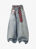 Tie Graphic Print Vintage Wash Wide Leg Denim Jeans