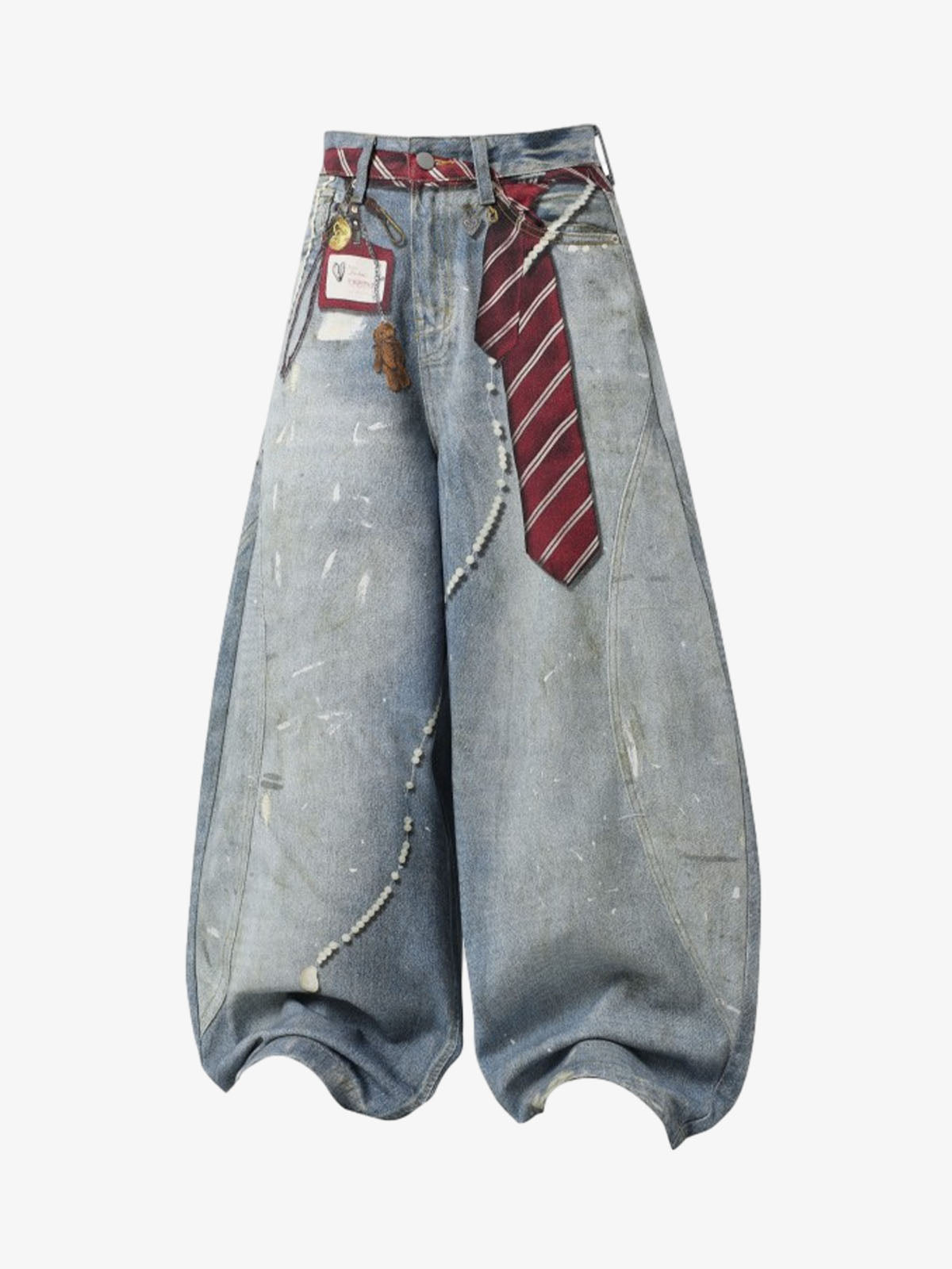 Tie Graphic Print Vintage Wash Wide Leg Denim Jeans