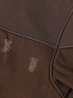 Distressed Patchwork Raw-Edge Layered-Hem Fleece Hoodie