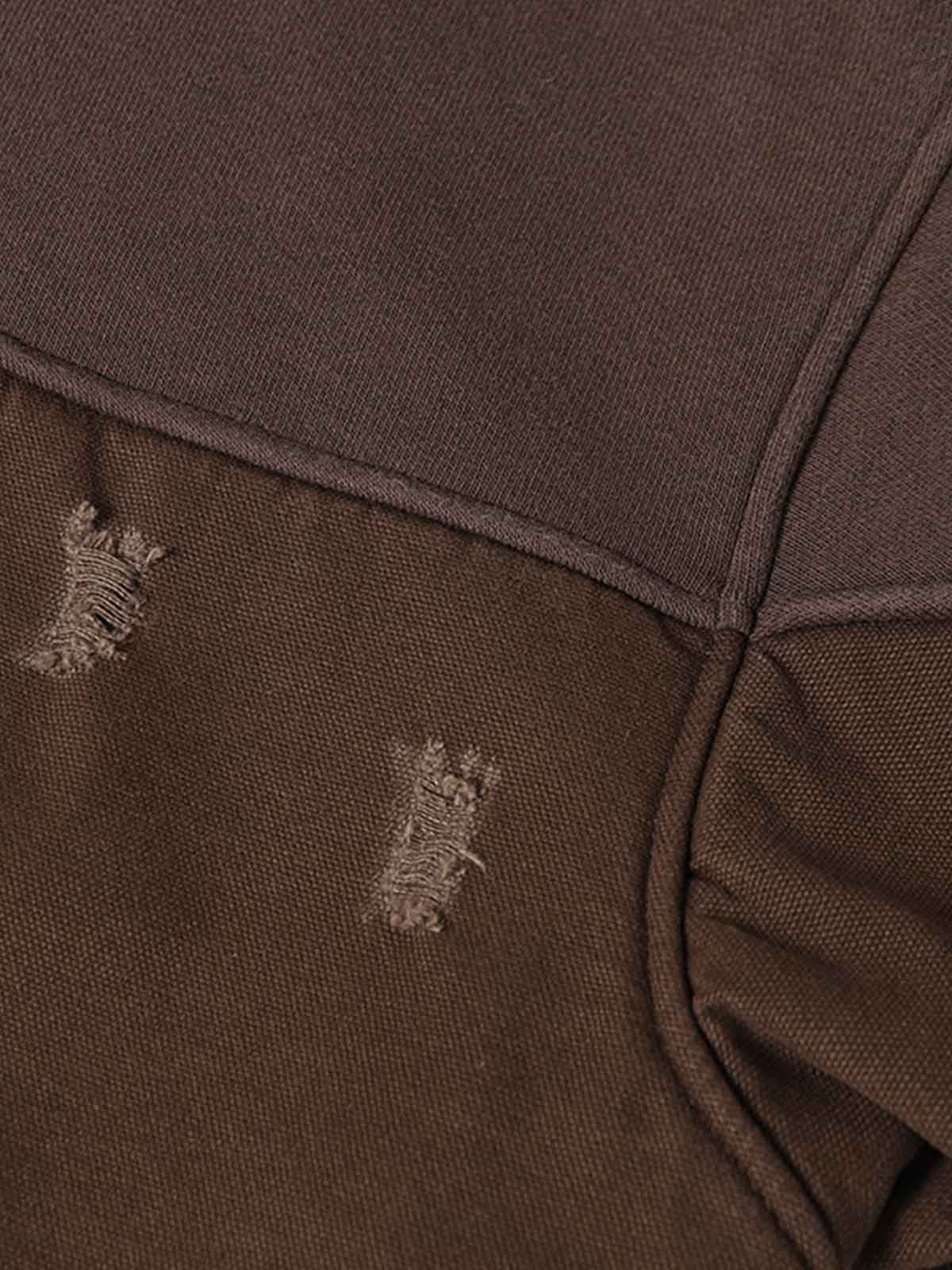 Distressed Patchwork Raw-Edge Layered-Hem Fleece Hoodie