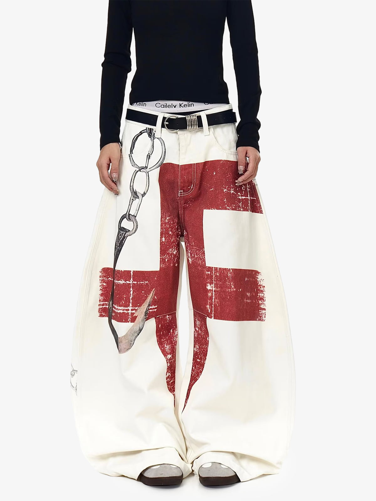Vintage Distressed Chain Print Oversized Canvas Baggy Pants