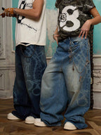 Original Retro Thorn and Key Pattern Laser-Burnout Baggy Jeans - 2595