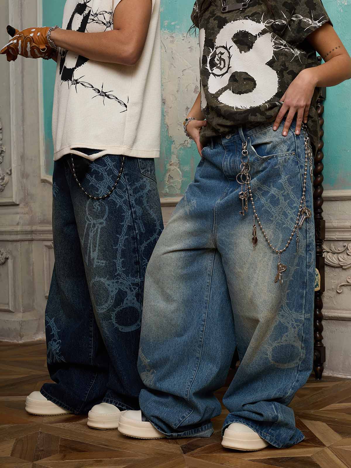Original Retro Thorn and Key Pattern Laser-Burnout Baggy Jeans - 2595