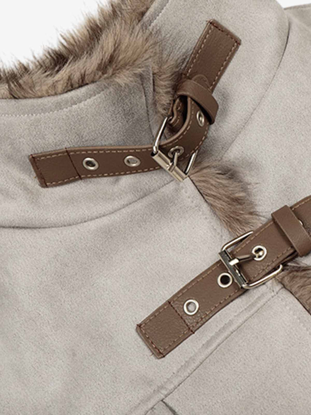 Vintage Suede Faux Fur Lined Buckle Bomber Jacket