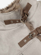 Vintage Suede Faux Fur Lined Buckle Bomber Jacket