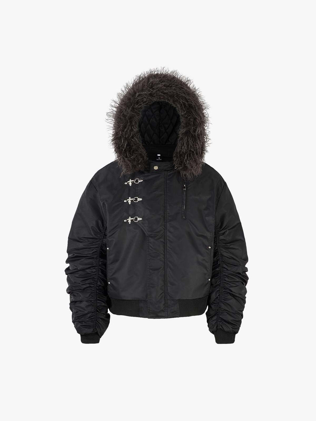 Detachable Faux Fur Collar Ruched Sleeve Bomber Jacket