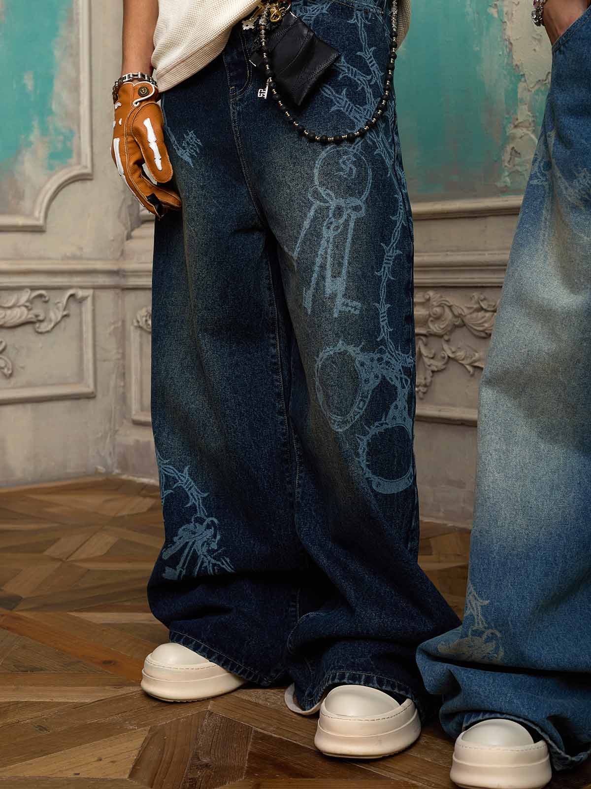 Original Retro Thorn and Key Pattern Laser-Burnout Baggy Jeans - 2595