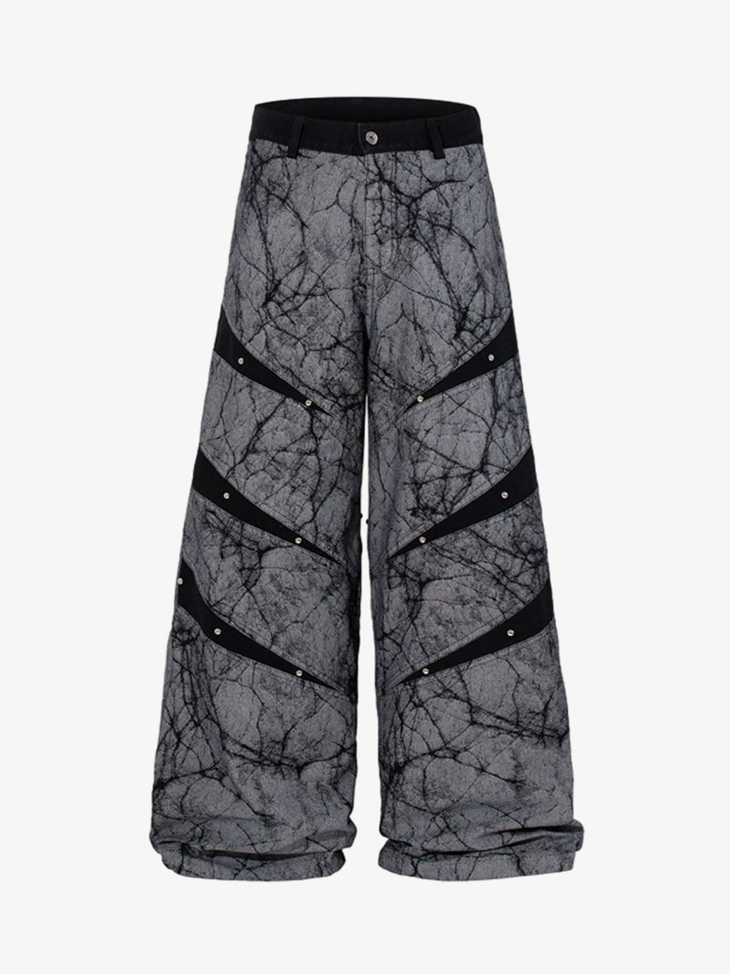 Crackle Print Panel Studded Pleated Denim Jeans