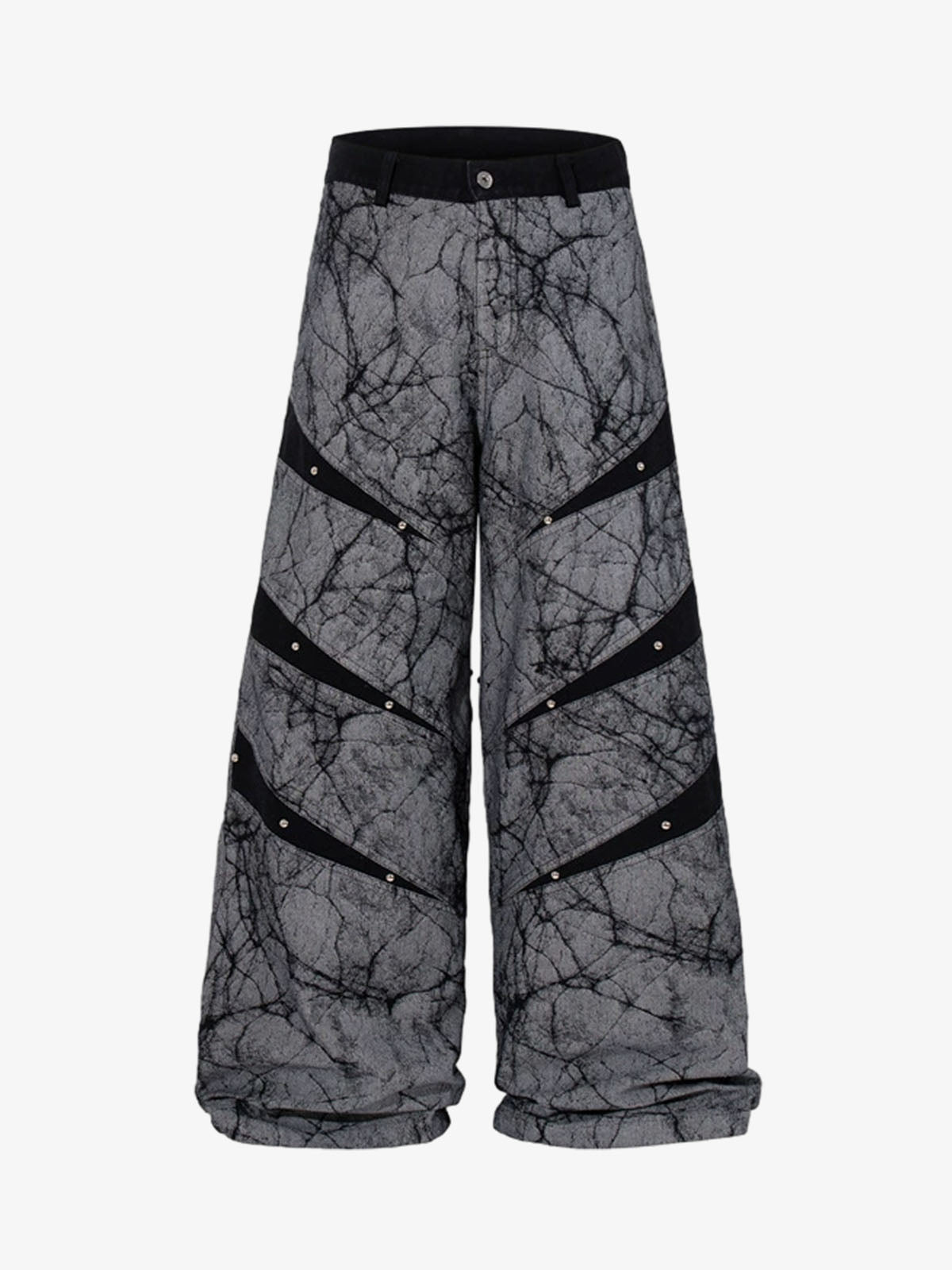 Crackle Print Panel Studded Pleated Denim Jeans