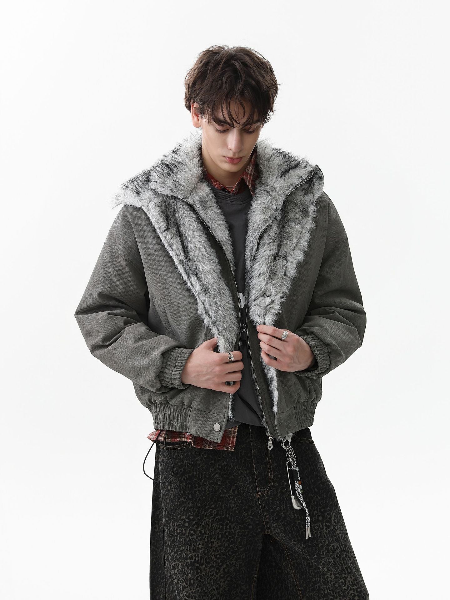 Vintage Dual-layer Collar Fleece-lined Zipper Jacket
