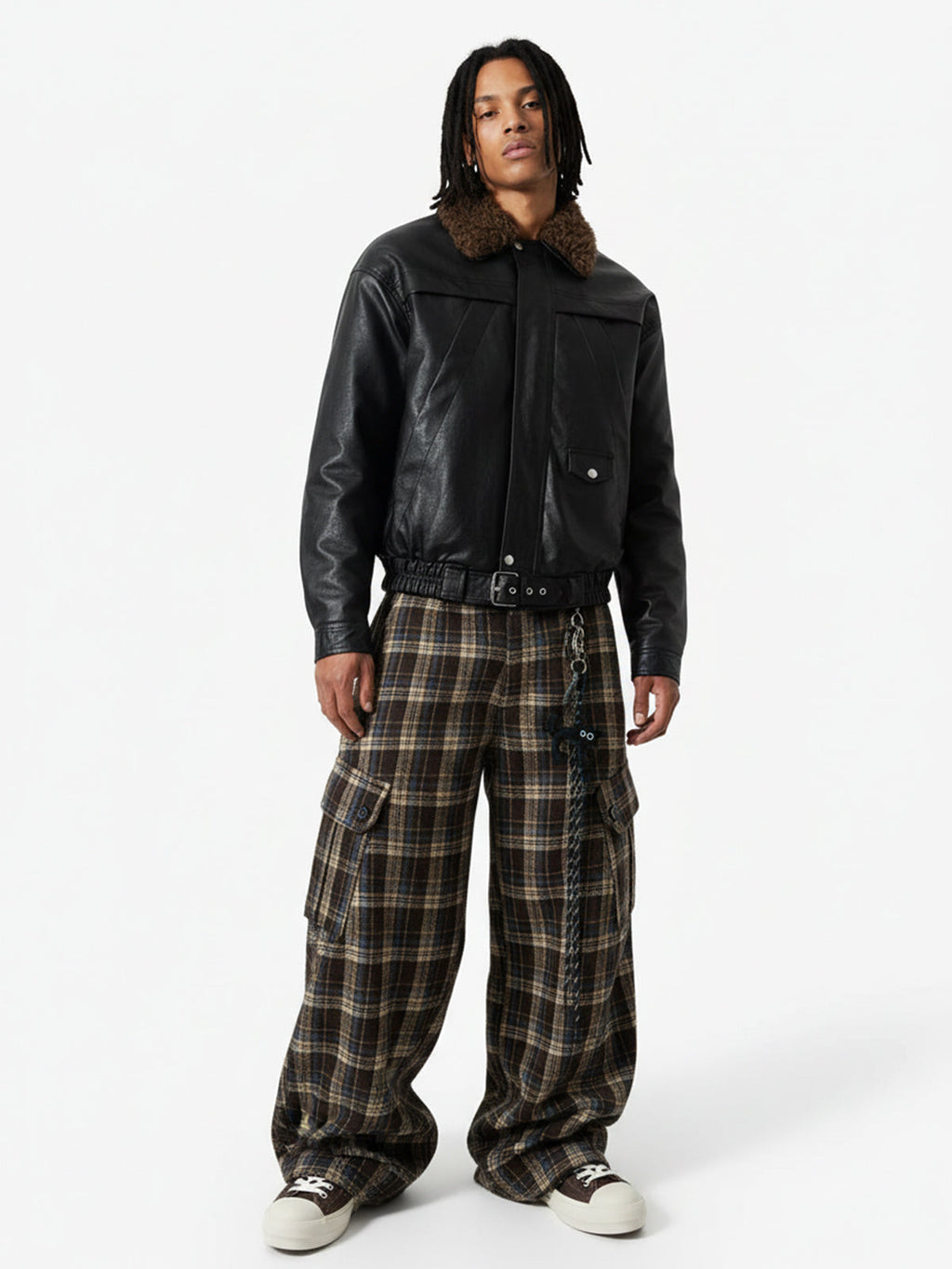 Vintage Plaid Pleated Multi-Pocket Cargo Casual Pants - 2524