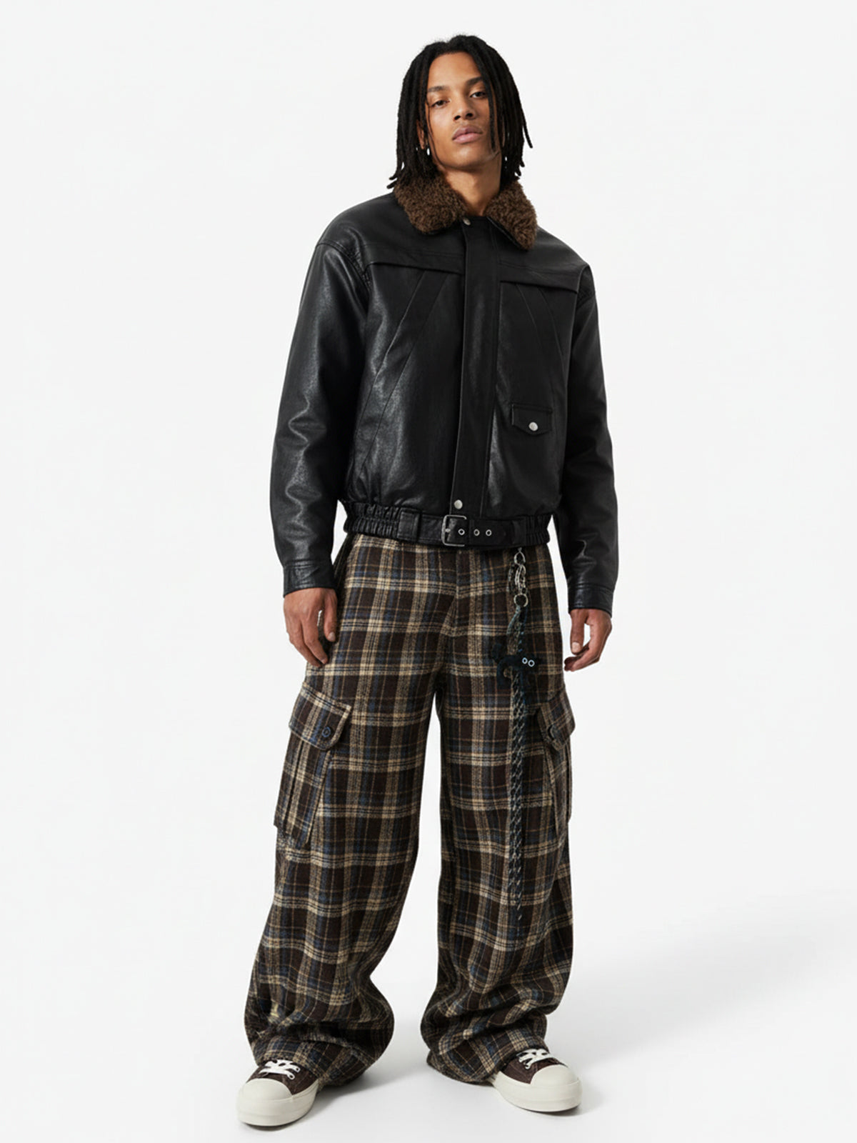 Vintage Plaid Pleated Multi-Pocket Cargo Casual Pants - 2524