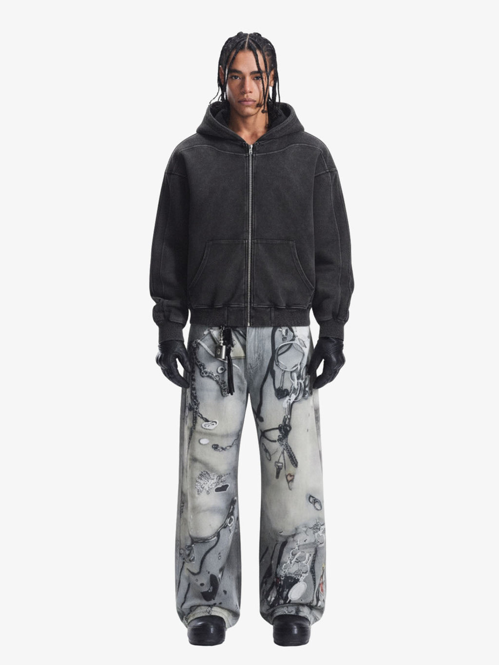 Vintage Washed Panel Construction Zip-Up Hoodie