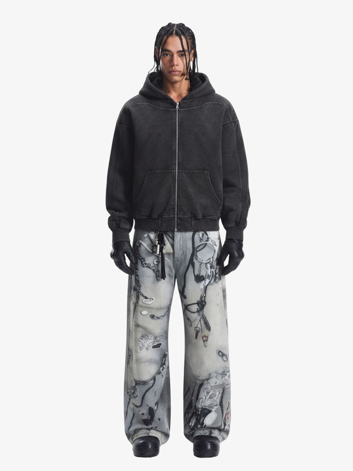 Vintage Washed Panel Construction Zip-Up Hoodie