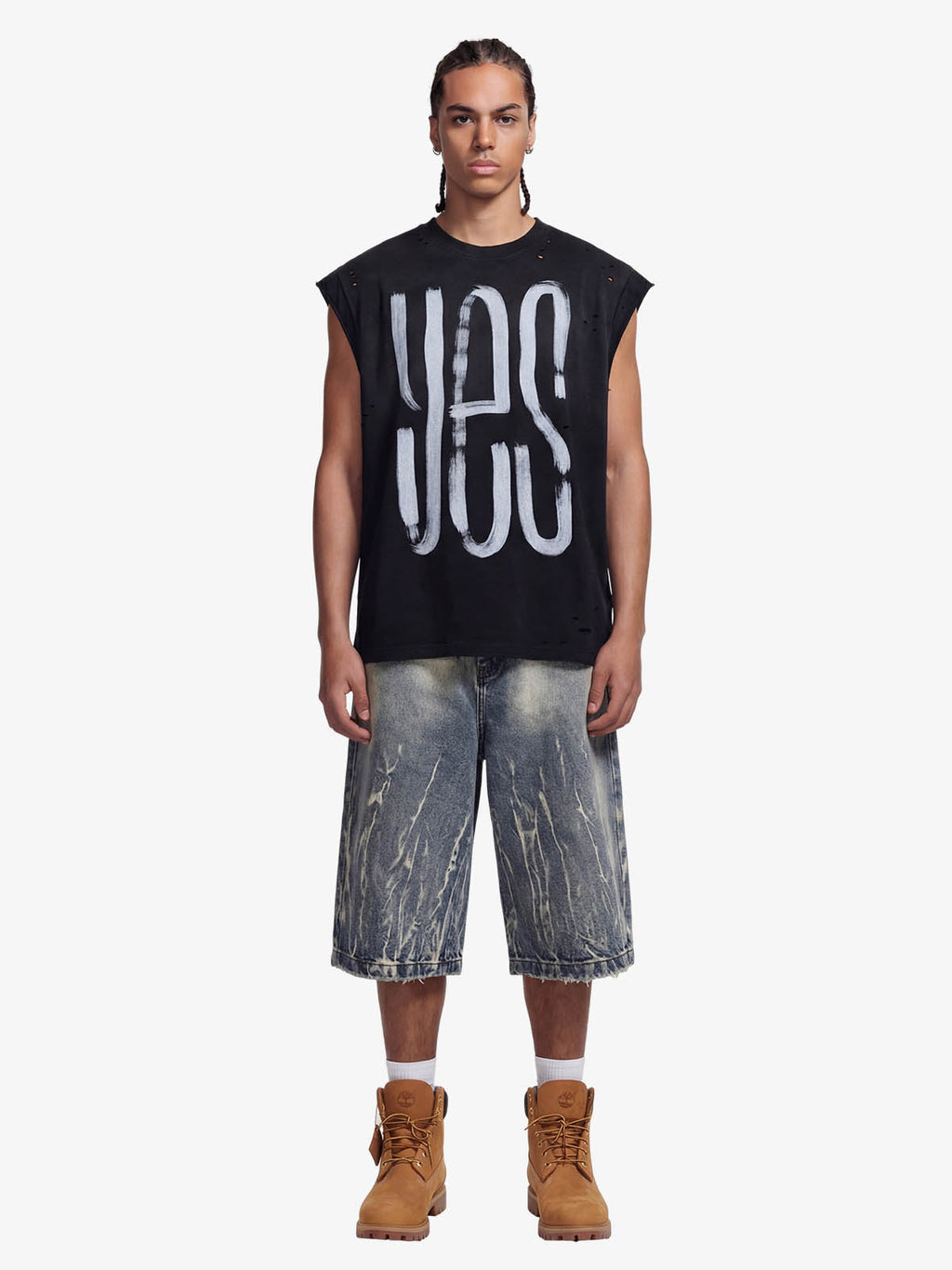 Vintage Distressed Hole Washed Letter Print Sleeveless Knit T-Shirt
