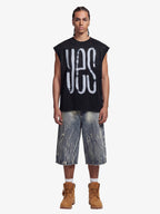 Vintage Distressed Hole Washed Letter Print Sleeveless Knit T-Shirt