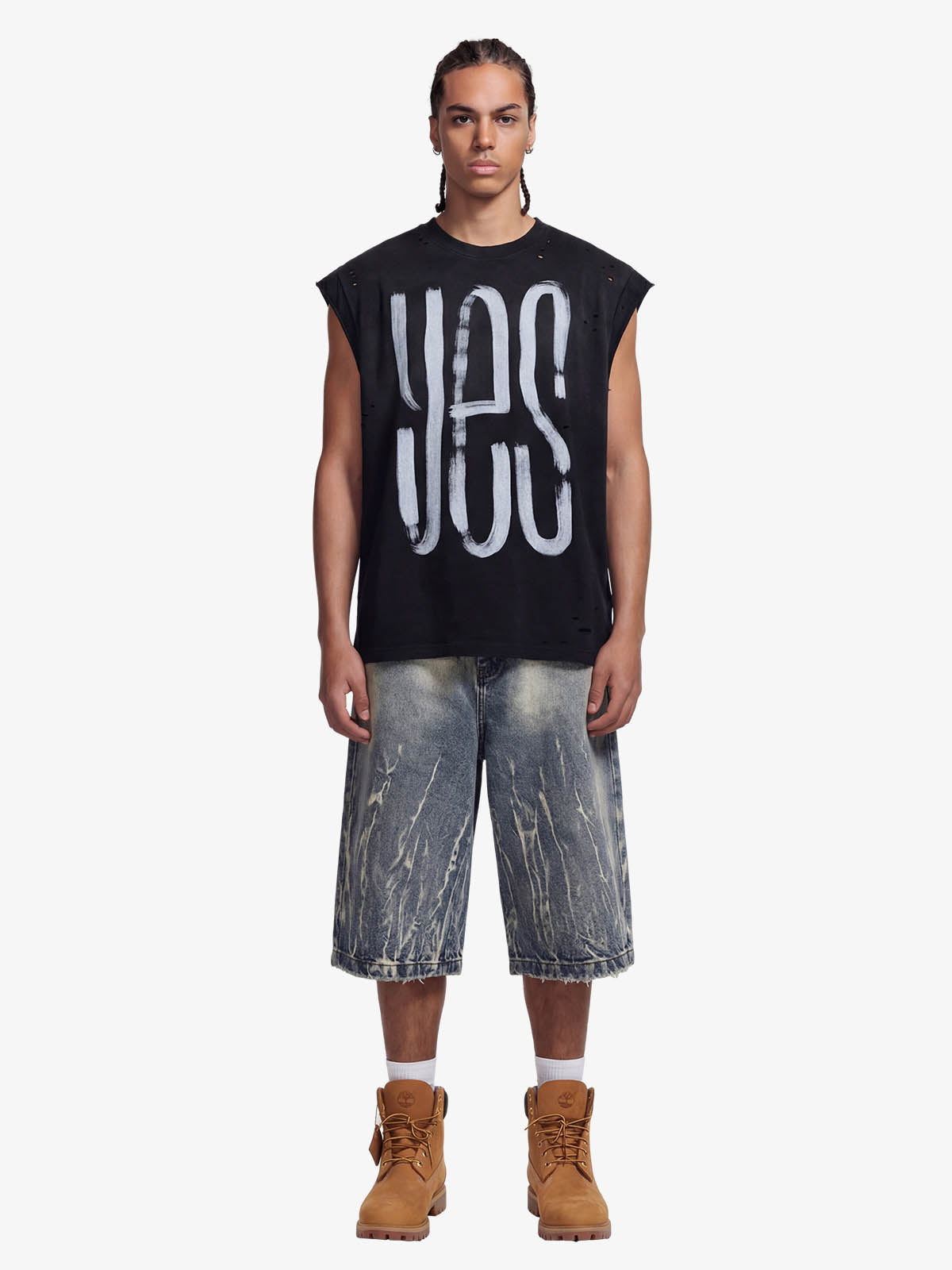 Vintage Distressed Hole Washed Letter Print Sleeveless Knit T-Shirt