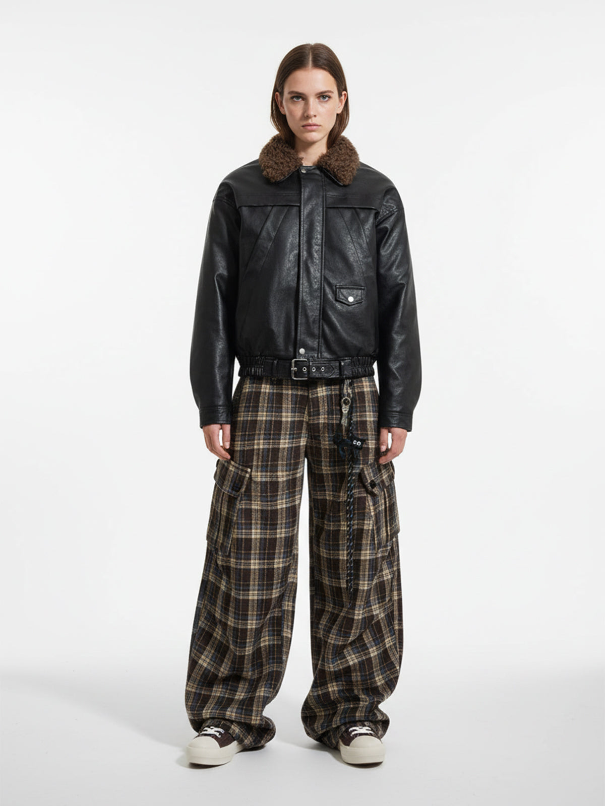Vintage Plaid Pleated Multi-Pocket Cargo Casual Pants - 2524