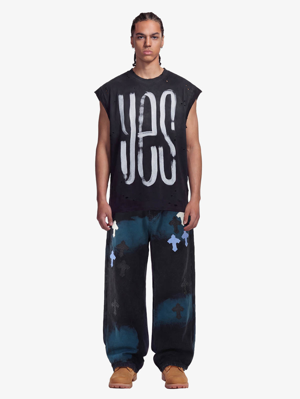 Smoke Fade Wash Cross Patch Baggy Denim Jeans