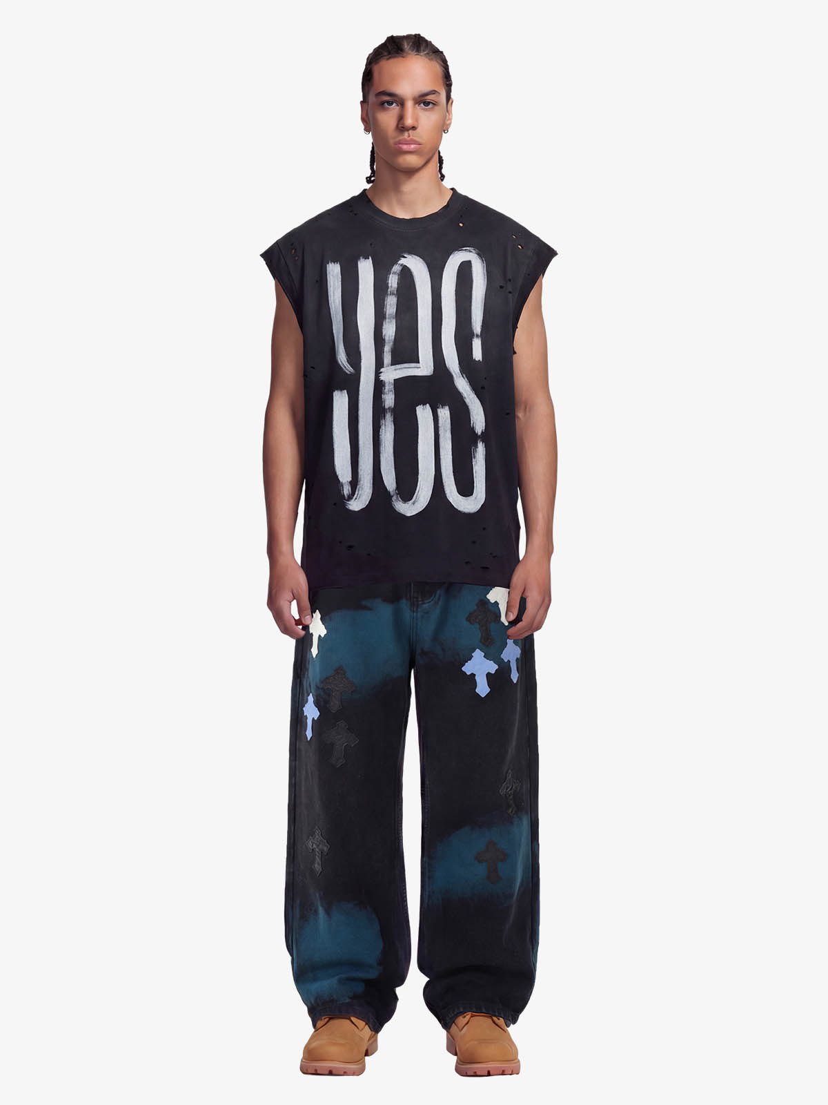 Smoke Fade Wash Cross Patch Baggy Denim Jeans