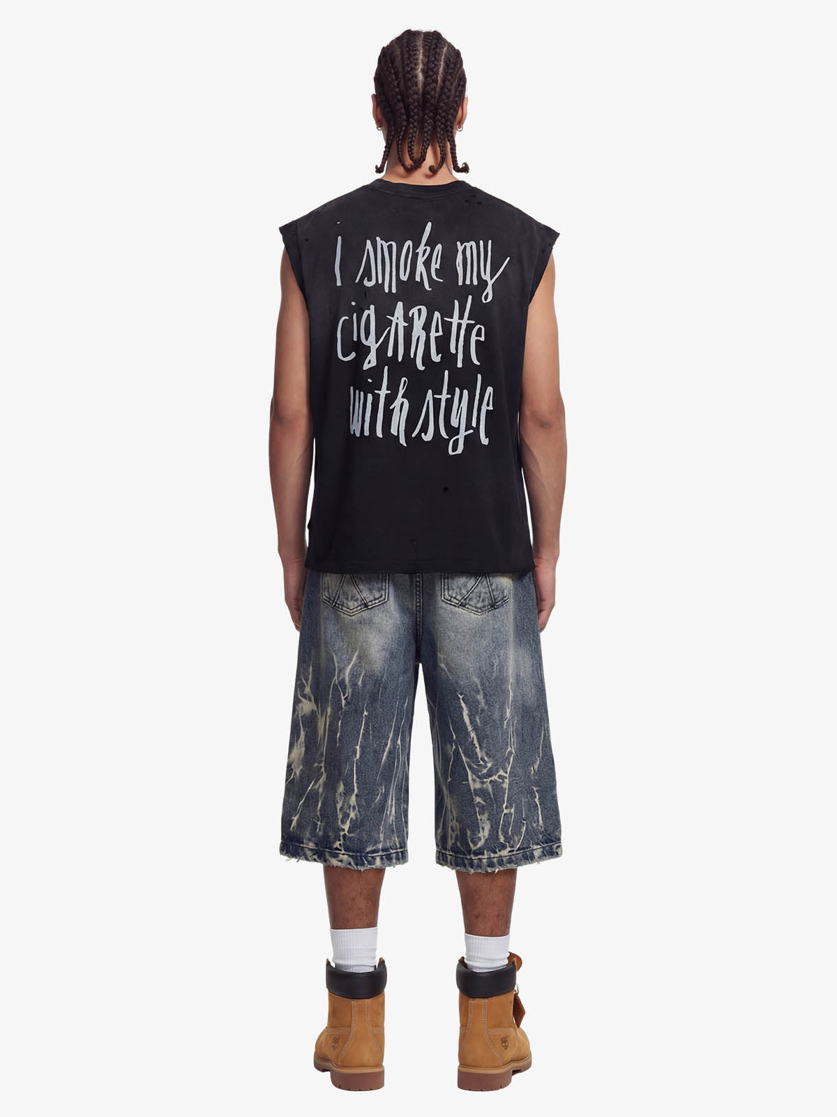 Vintage Distressed Hole Washed Letter Print Sleeveless Knit T-Shirt