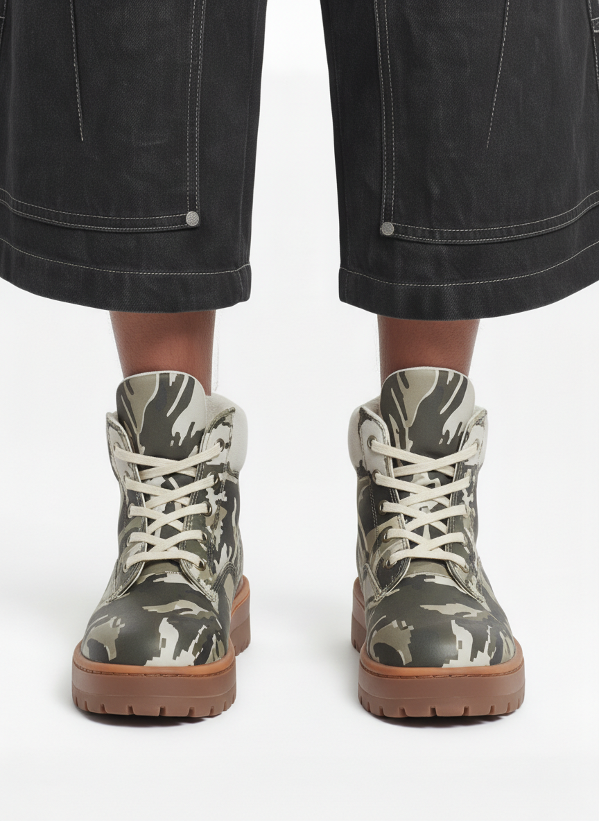 Camo Print Lace Up Chunky Ankle Boots - 2597