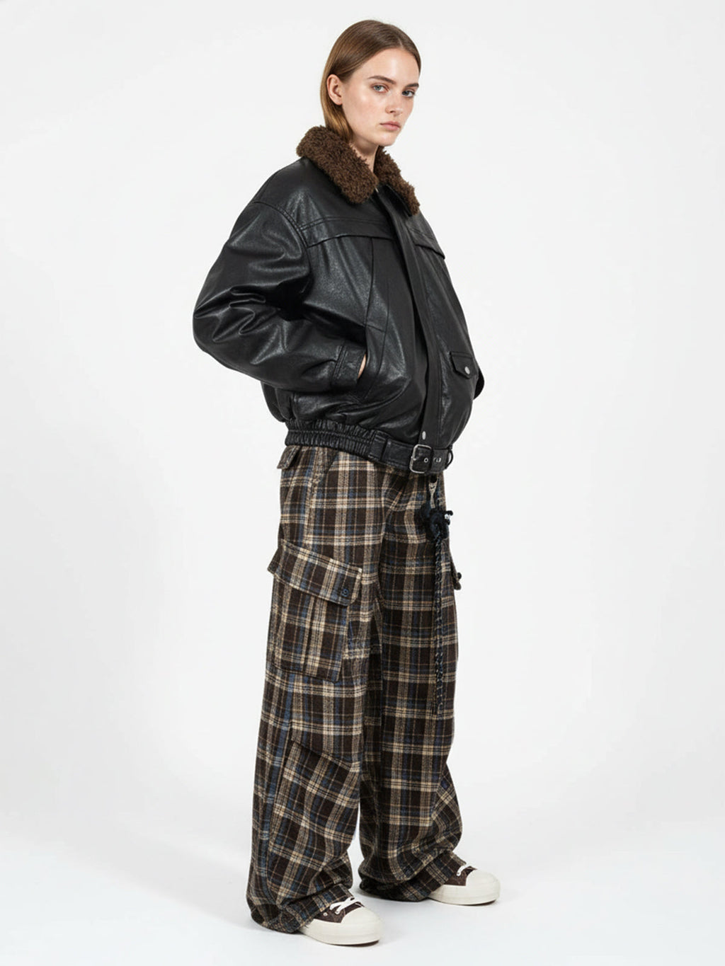 Vintage Plaid Pleated Multi-Pocket Cargo Casual Pants - 2524