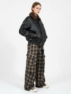Vintage Plaid Pleated Multi-Pocket Cargo Casual Pants - 2524