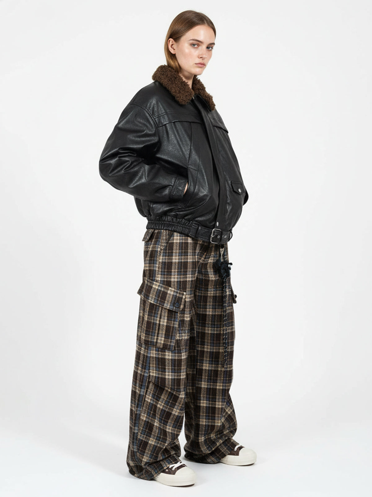 Vintage Plaid Pleated Multi-Pocket Cargo Casual Pants - 2524