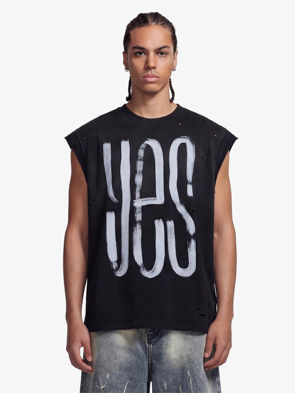 Vintage Distressed Hole Washed Letter Print Sleeveless Knit T-Shirt