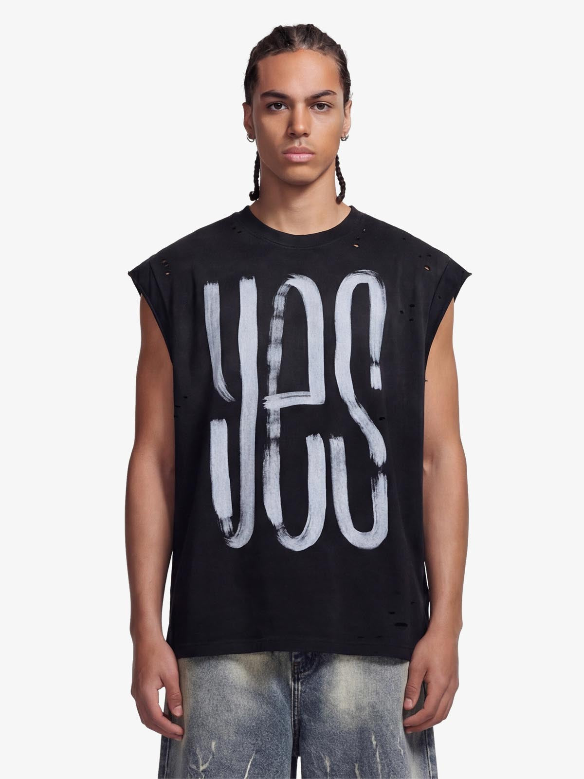 Vintage Distressed Hole Washed Letter Print Sleeveless Knit T-Shirt