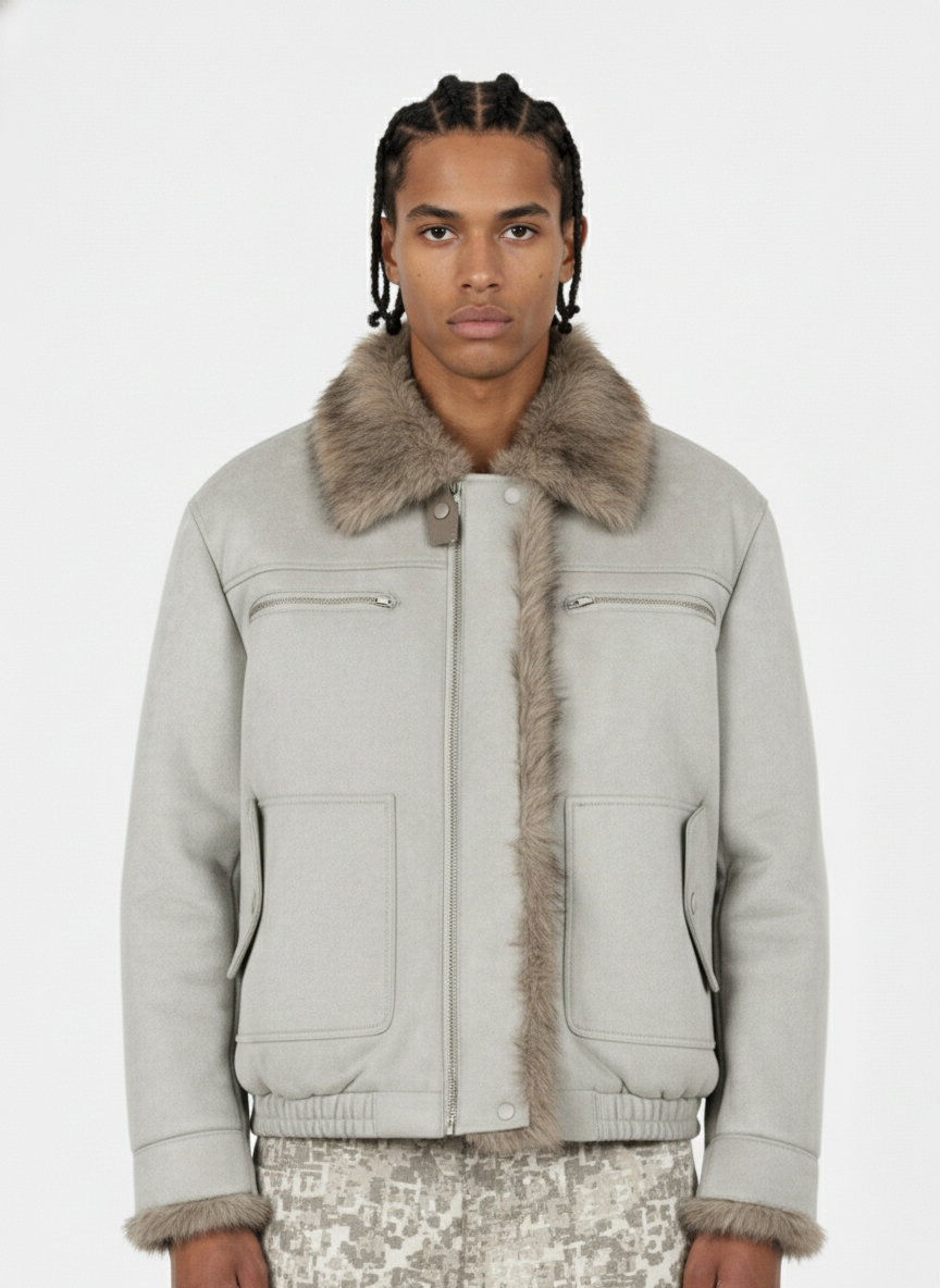 Vintage Suede Faux Fur Lined Aviator Bomber Jacket