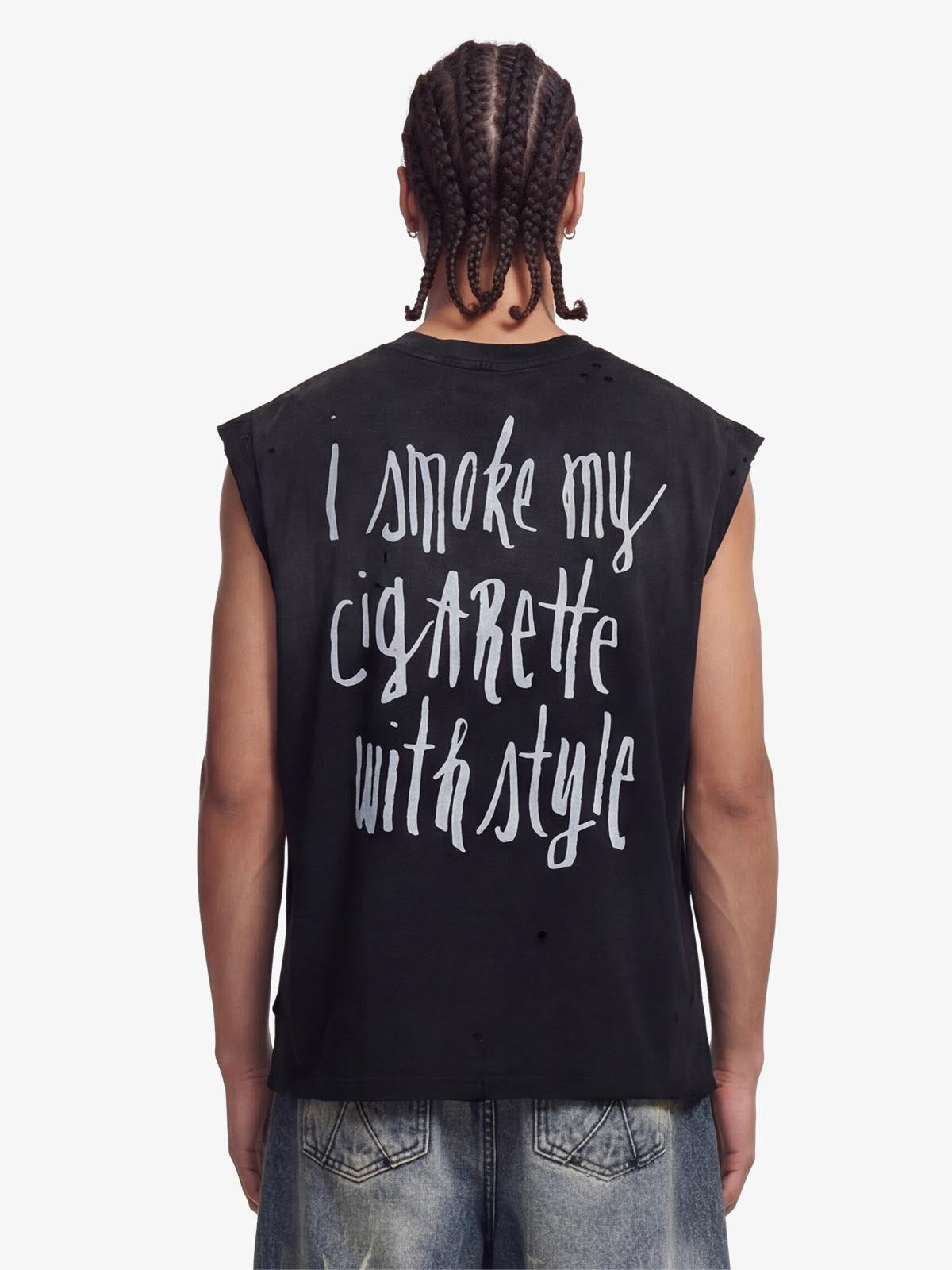 Vintage Distressed Hole Washed Letter Print Sleeveless Knit T-Shirt