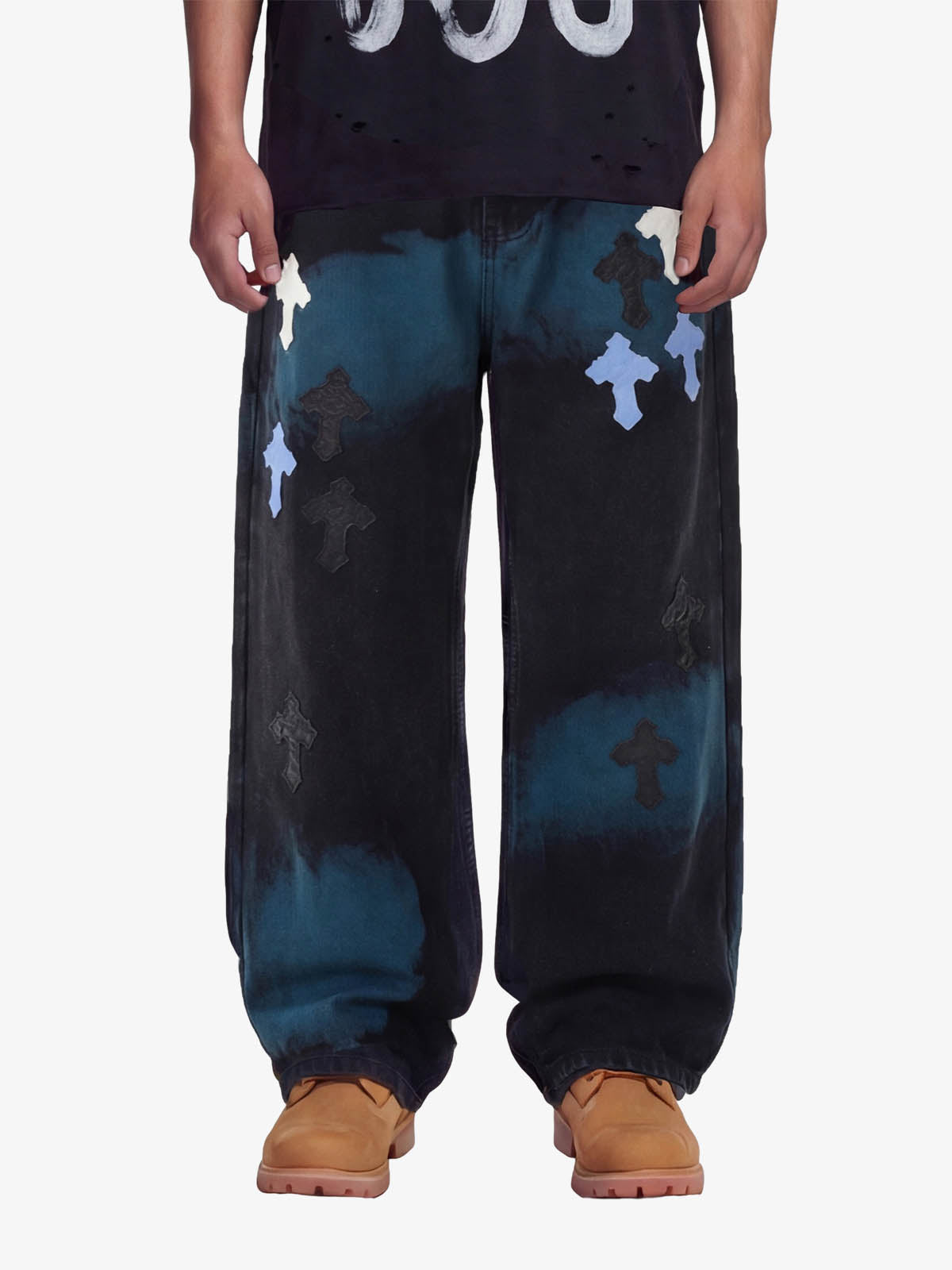 Smoke Fade Wash Cross Patch Baggy Denim Jeans