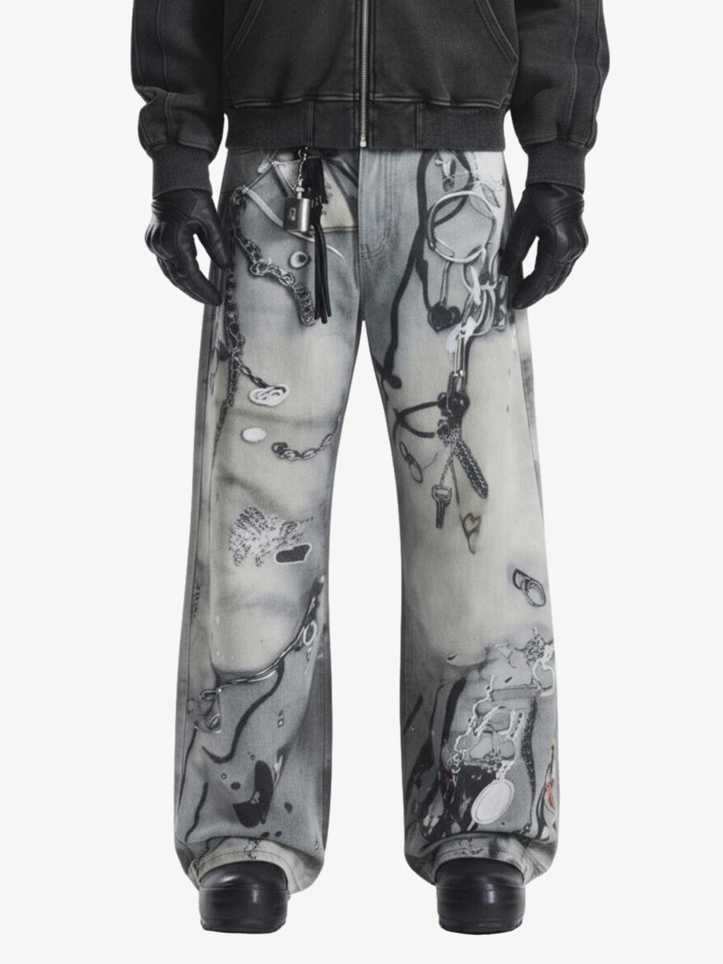Abstract 3D Digital Print Wide-Leg Jeans